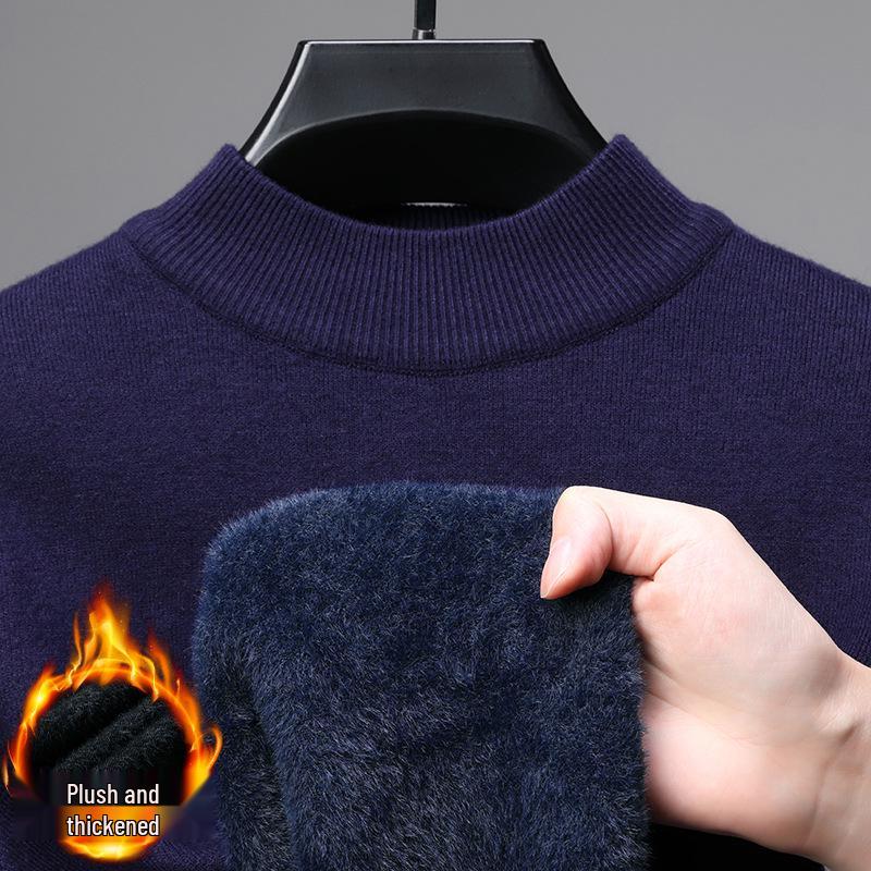 Men's Plush-lined Knit Sweater: Winter Fashion, Thick Warm Mink Velvet, Half-high Collar Knitwear