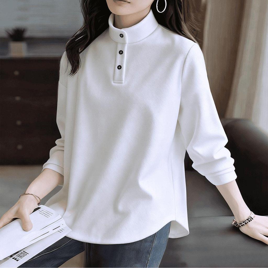 Women's Plus Size Long-Sleeve T-Shirt with Stand Collar and Lapels - De Rong Base Layer, Autumn/Winter Style for a Slimming Look