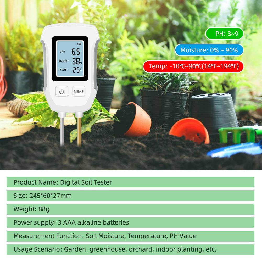 Yieryi Soil PH Meter LCD Digital PH Moisture Temp Tester Dual Needle Acidity Detector for Hydroponics Potted Plants Garden Farm