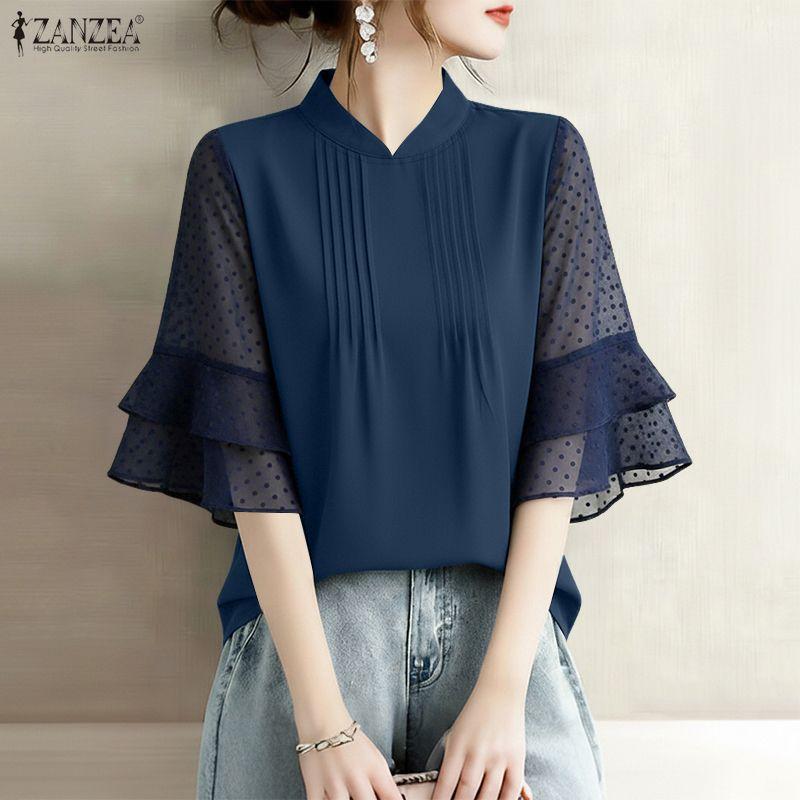 ZANZEA Women Casual Stand Collar Loose Sheer Mesh Splice 3/4 Sleeve Blouse