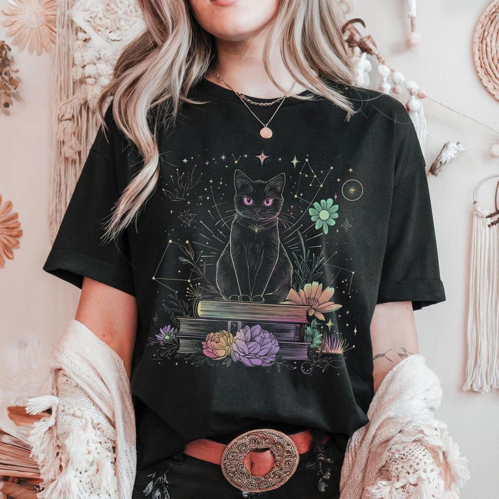 Mystical Black Cat Shirt Dark Academia, Witchy Book Lover Gift, Celestial Floral Tee Cat Mom, Catcore Goth TShirt, Moon Magic Outfit Reading