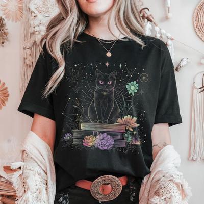 Mystical Black Cat Shirt Dark Academia, Witchy Book Lover Gift, Celestial Floral Tee Cat Mom, Catcore Goth TShirt, Moon Magic Outfit Reading