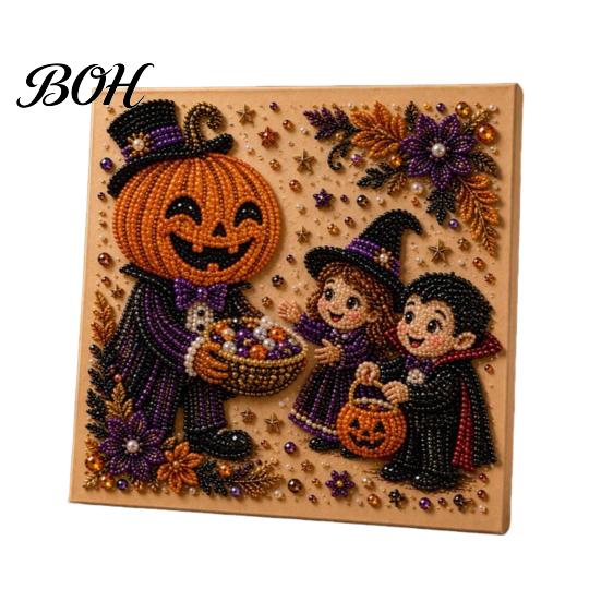 Whimsical Ghost And Pumpkin Art Halloween Faux Pearl Kit, Cute Skeleton Painting Handmade Gift for Craft Lovers DIY 3D Kit Adults, Fall Home