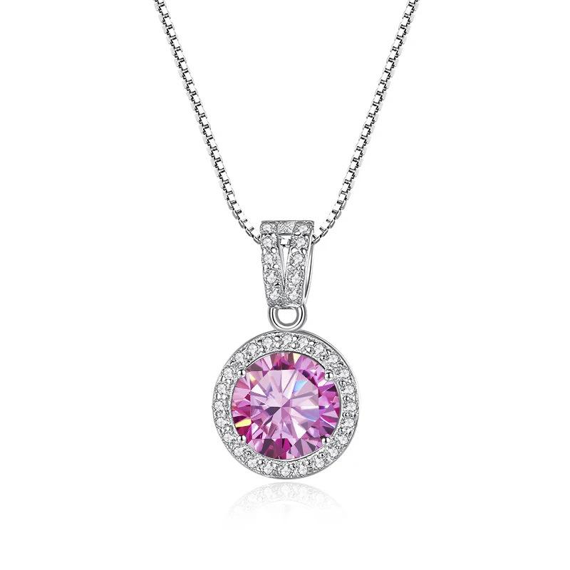 6.5mm S925 Sterling Silver Round Halo Pink Moissanite Pendant Necklace Fine Jewelry For Women