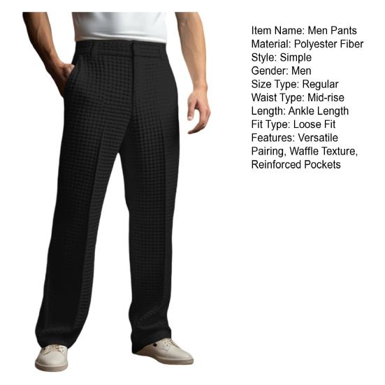Men Waffle Dress Pants Casual Business Suit Trousers Wide Leg Trousers with Belt Loop for Office Dating Vacation Daily Wear