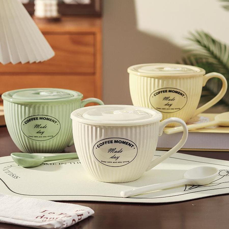 Keramik 700ml Schüssel/Tasse mit großem Fassungsvermögen mit Deckel und Löffel, mit Vintage-Textur; geeignet für Suppe, Kaffee oder Instantnudeln.