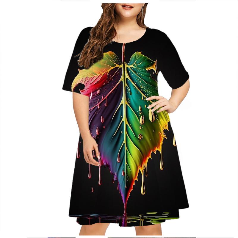 Green Leaf Raindrop Women'S Dress Short Sleeve Summer Fashion O-Neck Loose Plus Size Dresses 6XL Casual 3D Print Mini Dress 5XL