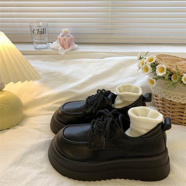 Sponge cake thick soled leather shoes for women 2025 Spring and Autumn British style round toe lace up Japanese single shoes