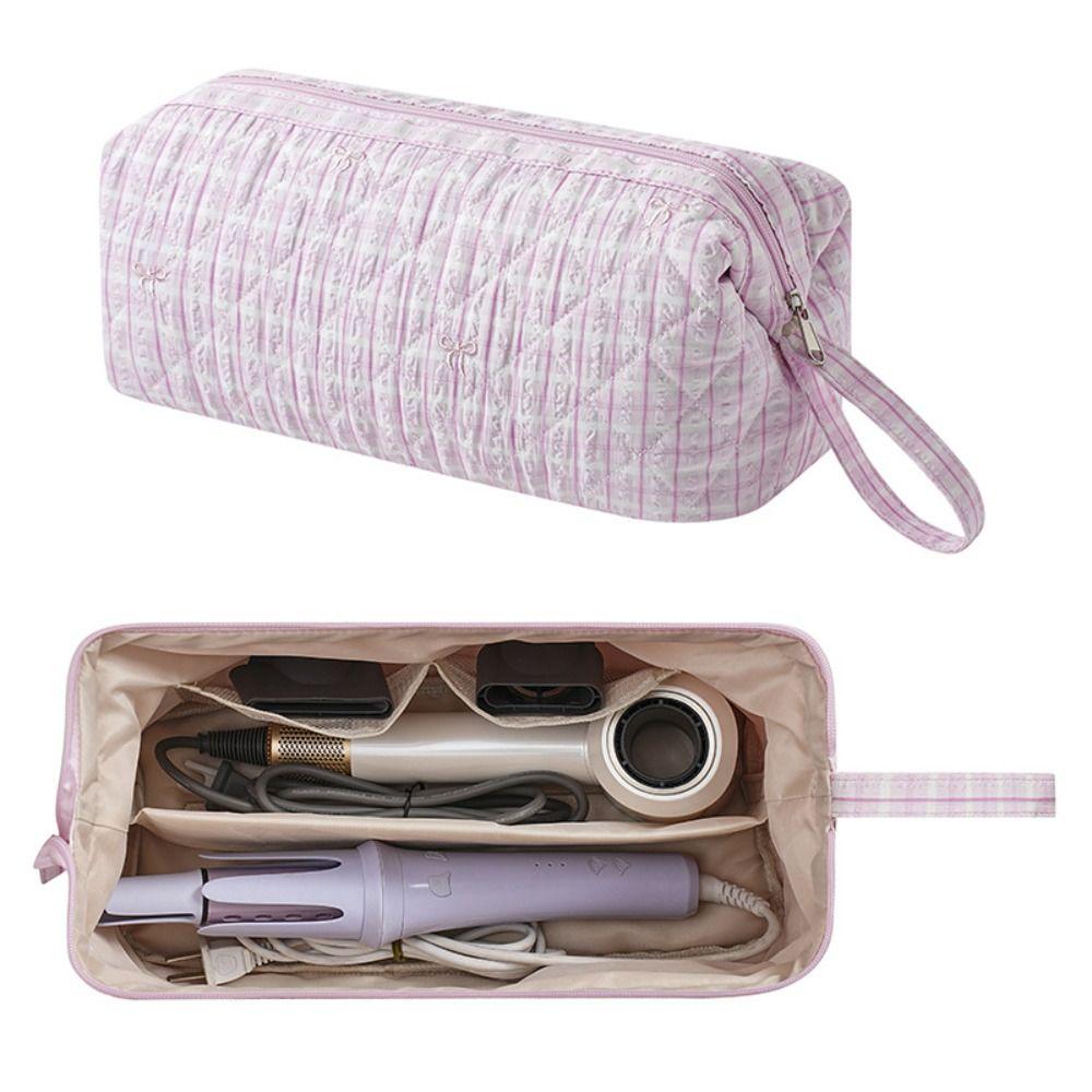 Quilted Cosmetic Bag Bow Print Storage Pouch Gifts Hair Styling Tool Bag
