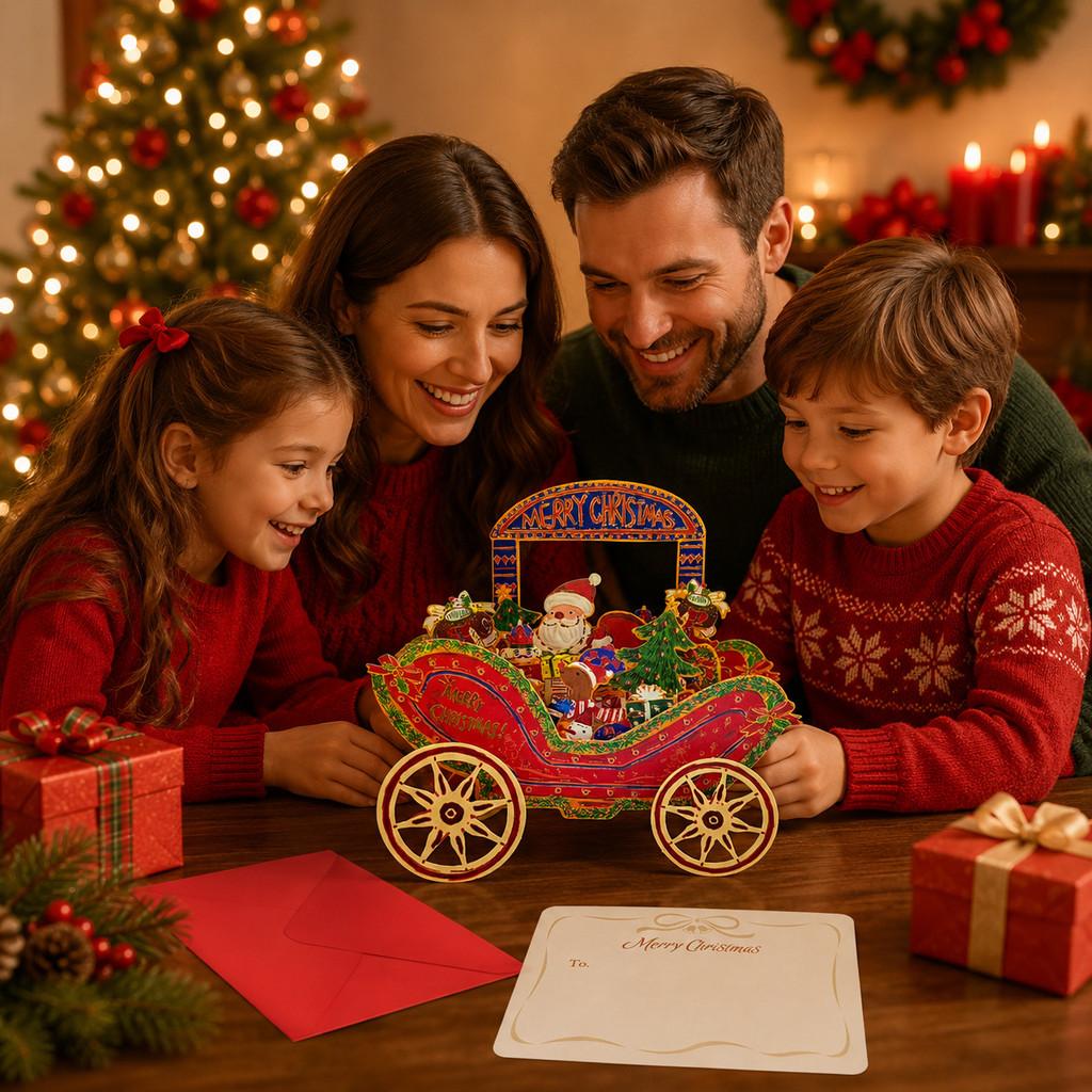 Christmas Santa Flying Car 3d Laser Cut Greeting Card With Hot Foil Embossing For Holiday Celebration
