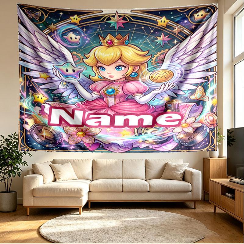 Custom Name Personalized Princess Peach Toadstool Print Tapestry, Wall Art Decor, Bedroom, Dorm, Apartment, LivingRoom, Party Backdrop, Gift for Birth