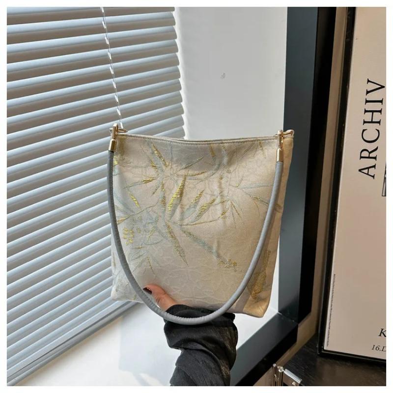 Retro Butterfly Women's Clutch Purse Handbags Embroidery Female Shoulder Bags Bamboo Leaf Pattern Ladies Underarm Bucket Bag
