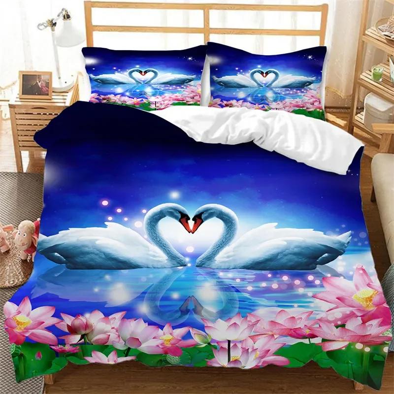 Couple Swan Duvet Cover King Queen For Girls Teen Room Decor Microfiber Romantic Flower Bedding Set Wild Animals Comforter Cover