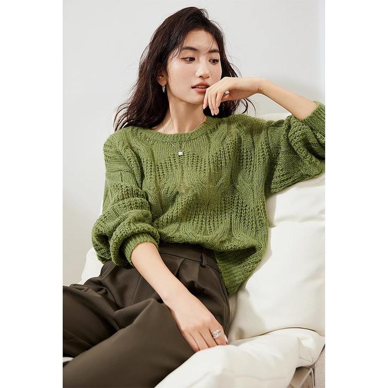 Hollow Retro Twisted Sweater Autumn New Women's Clothing Loose and Thin Casual Round Neck Pullover Knitted Sweater Women