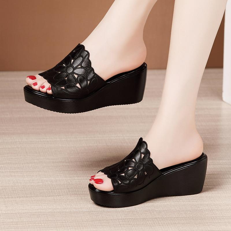 Platform Black Summer Women's Sandals PU Leather Wedges High Heel Hollow Peep Toe Female Ladies Shoes Beach Slippers Rome Style
