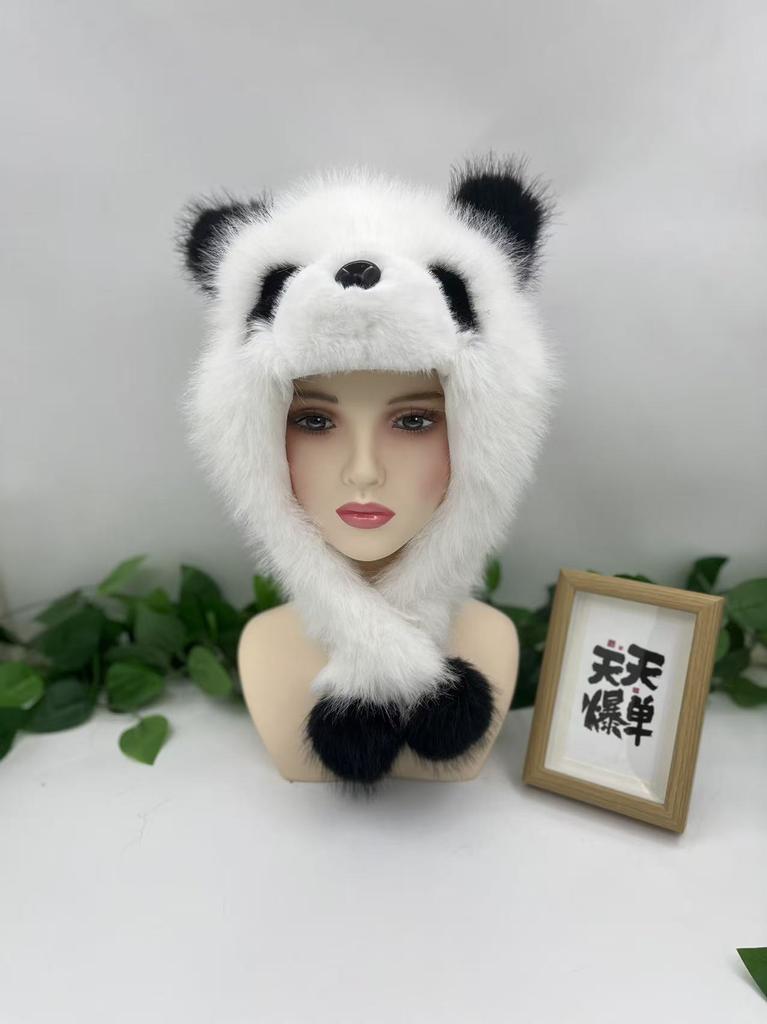 Parent-child autumn and winter cute plush panda hat, thickened warm big head circumference imitation fox hair cover ear hat