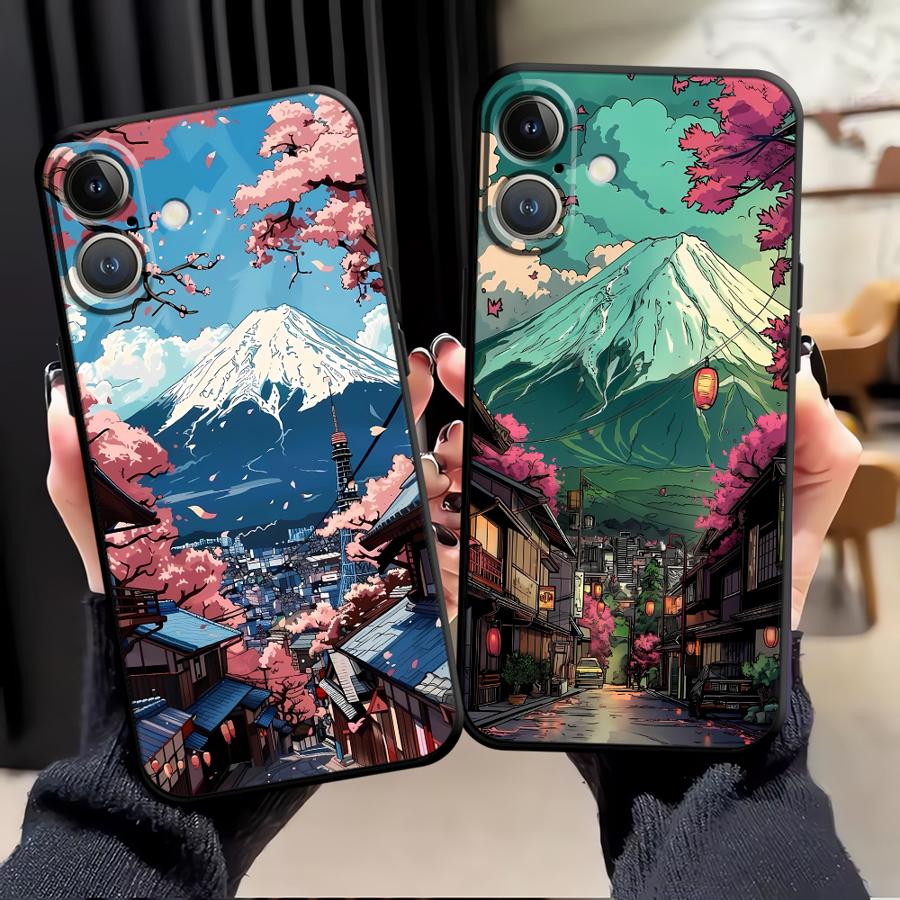 Black Soft Phone Cover Case for iPhone XS Max 15 16 14 Plus 13 12 11 17 Pro Max 17Air XR 7 8 Japanese Mount Fuji Scenic Area
