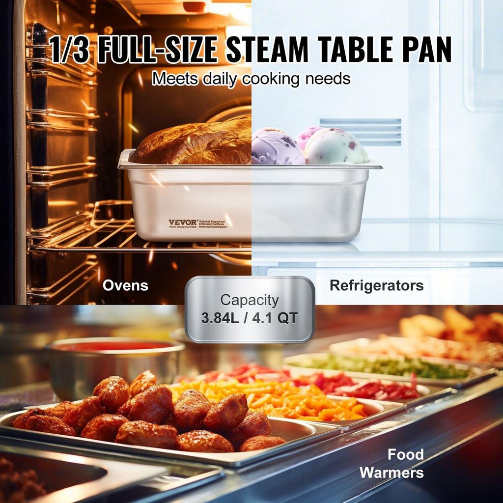 6 Pack 1/3 Size Hotel Pans Steam Table Pan Stainless Steel 4" Deep