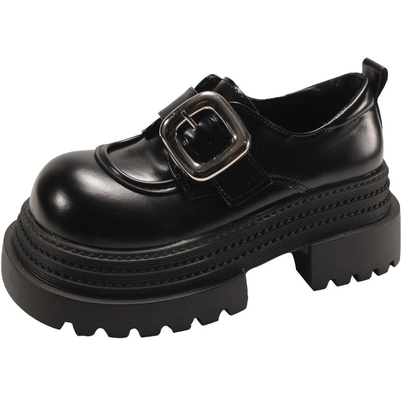Black British style heightened platform small leather shoes women's 2025 new autumn and winter versatile French round head Mary Jane single shoes