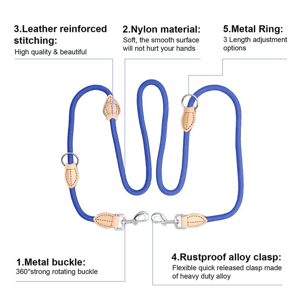 Multi Functional Double Head Dog Leash Adjustable 3 Length Nylon Rope Hands Free Shoulder Walking Lead For Two Small Medium Larg
