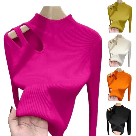 Dámský podzimní zimní top Hrubý pletený Polovysoký límec Dlouhý rukáv Slim fit Jednobarevný Prolamovaný Elastický pulovr Měkký Teplý Jedna velikost Dámský svetr