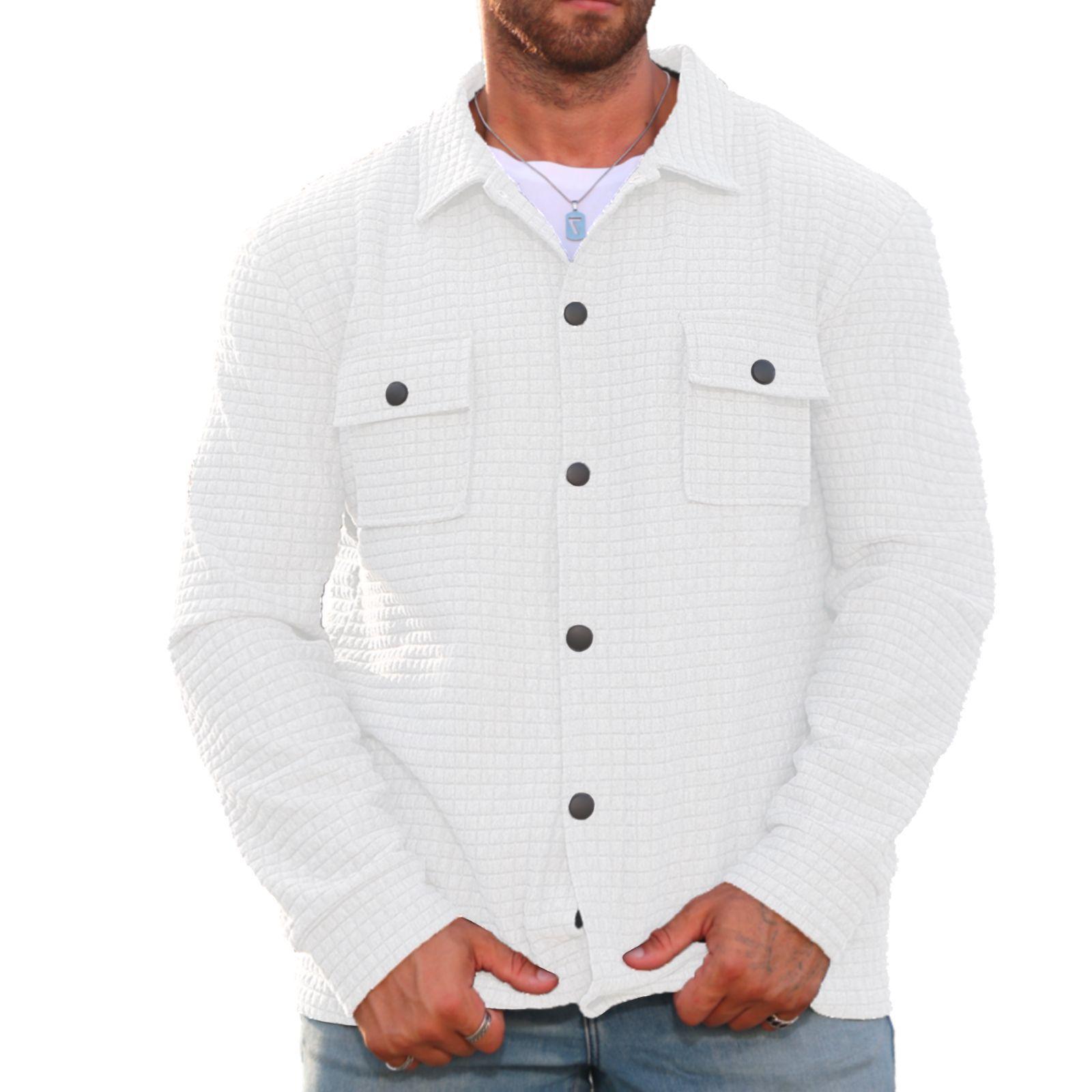 

Fall 2025 Outerwear, Men s Casual Top, Jacquard, Small Checkered, Loose Fit Jacket, Shirt, Suitable for Autumn and Winter Wear S белый