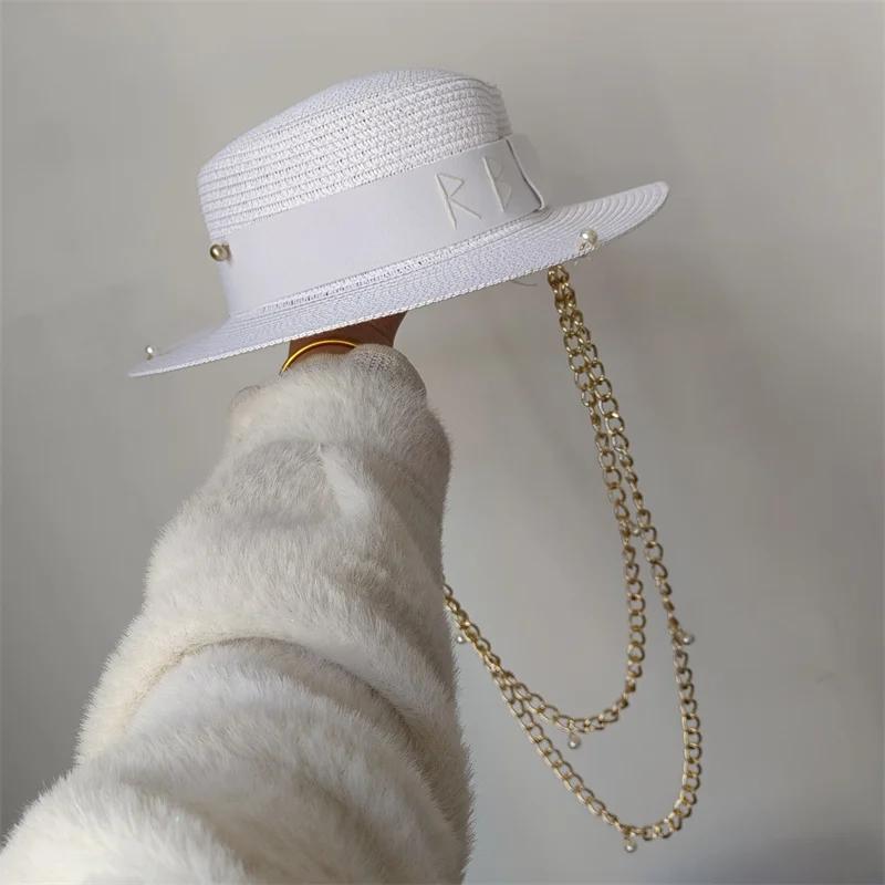Classic Straw Hat Handmade Design Hat Pearl Chain Summer Sun Hat New Letter Hat Beach Women Gorras Para Hombres