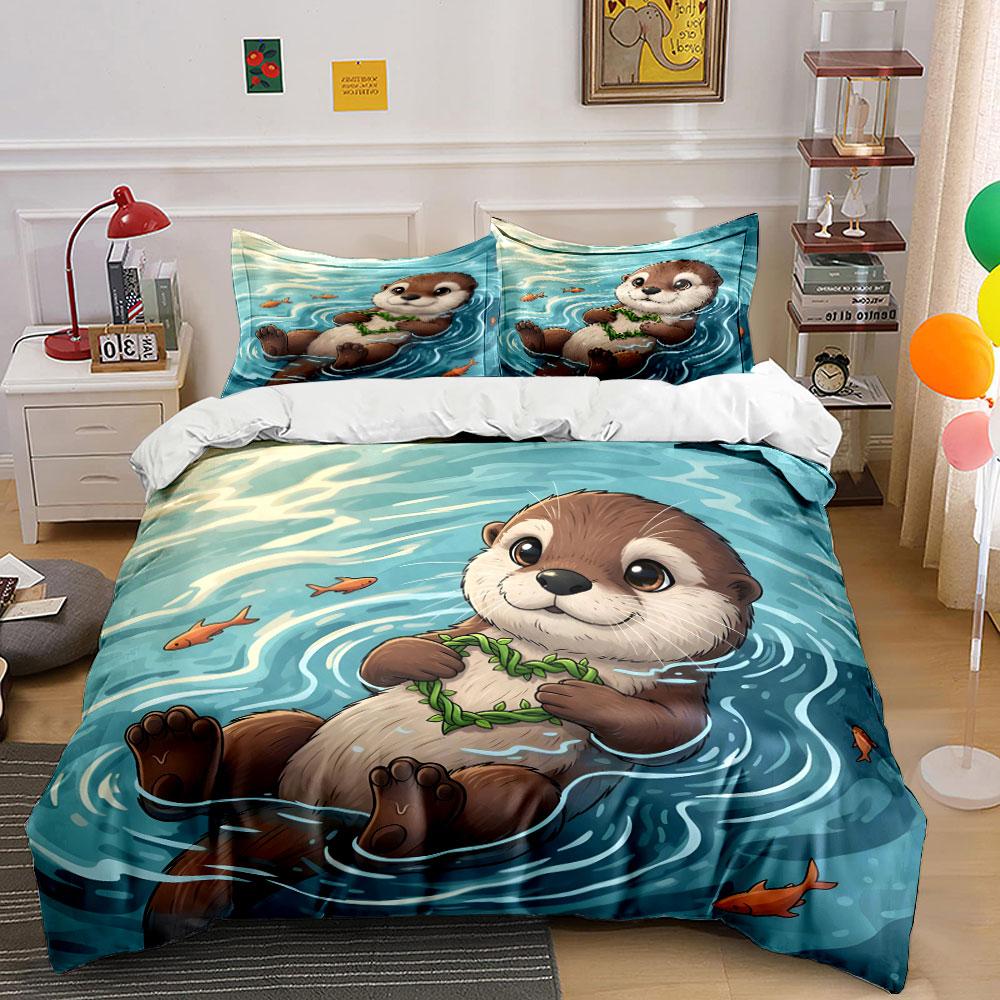 Cute Otter Floating with Heart Bedding Duvet Cover Set (1*Duvet Cover 2*Pillowcases, without duvet insert)