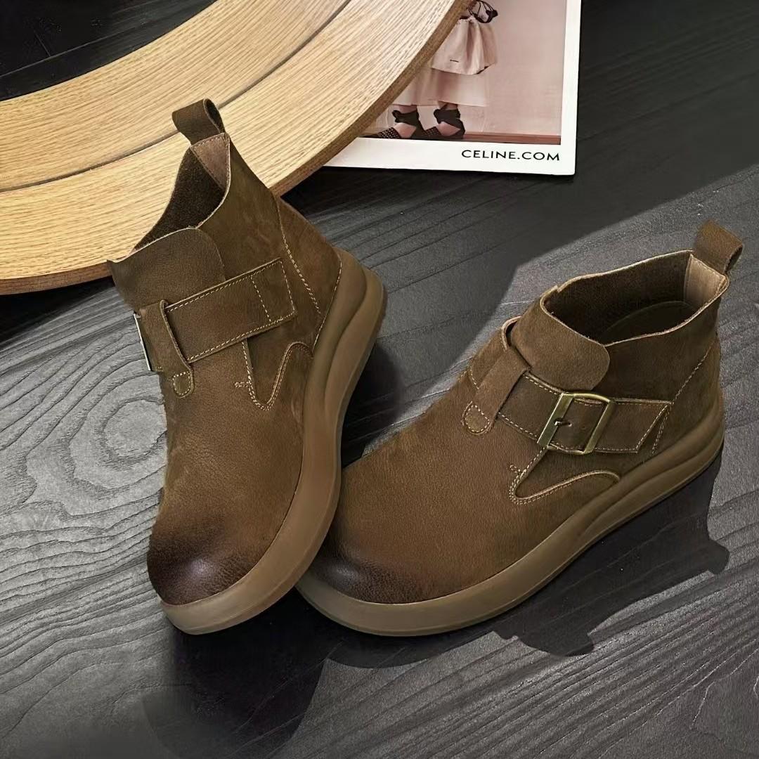 

Кожаные короткие ботинки женские осень и зима новые повседневные высокие бархатные ботинки ретро мягкая подошва ботинки Мартин на одной педали 35