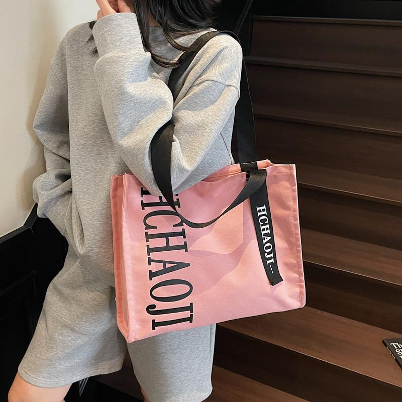 Letter Print Canvas Shoulder Bag Women's Travel Large Capacity Tote Bag Student Class Commuter Bag