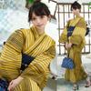 RAVIR Yukata Gold and Black with Arrow Fluffy Obi and Geta One Size Fits All Women's 3-Piece Set, Pattern, Belt, Sandals, Yellow,