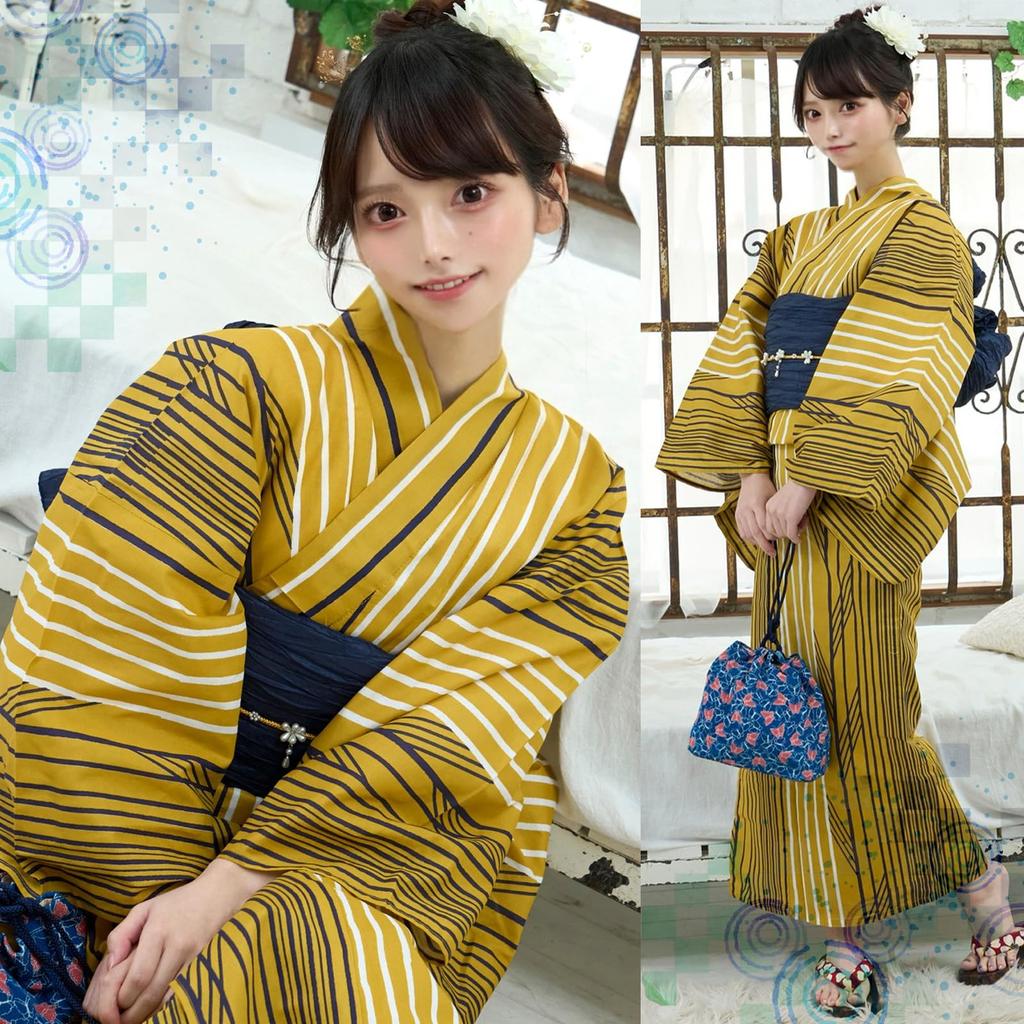 RAVIR Yukata Gold and Black with Arrow Fluffy Obi and Geta One Size Fits All Women's 3-Piece Set, Pattern, Belt, Sandals, Yellow,