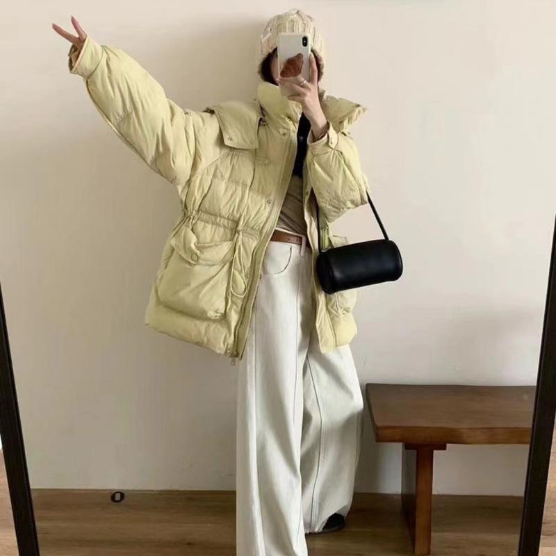 Temperament hooded waist down jacket women's short 2024 winter new bag buckle thickened and thin white duck down warm jacket