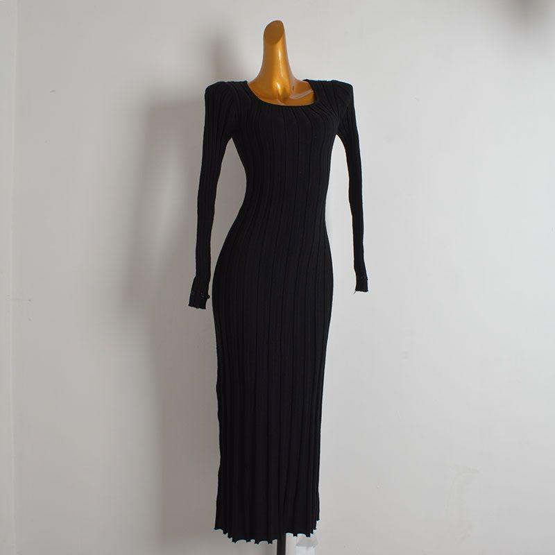 French New Arrival Solid Color Square Collar Sunken Stripe Long Sleeves Knitting Dress Women's Clothing Fall/Winter Slim Slimming Overknee Long Dress