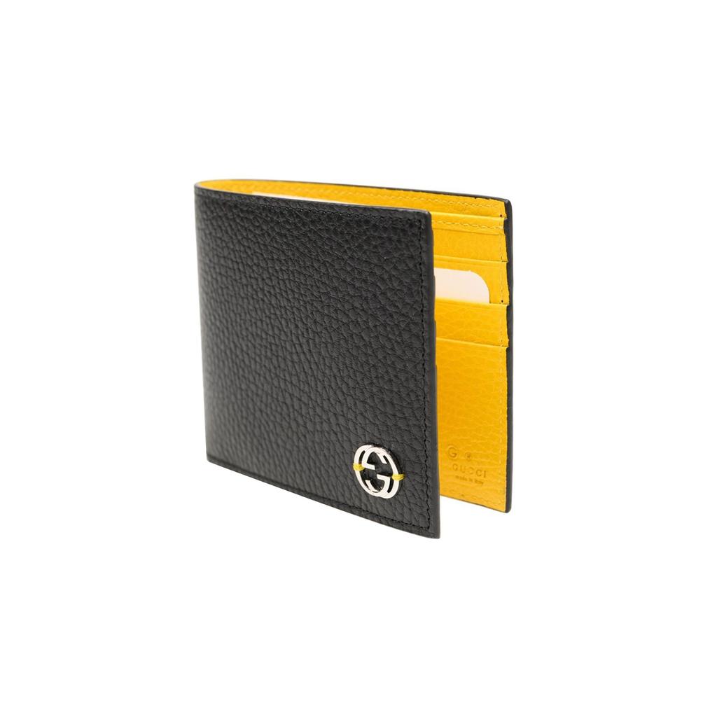 Gucci Interlocking G Bi-Fold Wallet Black Pebbled Leather Yellow Interior Silver Hardware Card Holder for Men Daily Use Business 610464-CAO2N-1041
