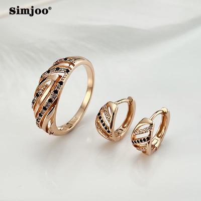 SIMJOO Romantic Rose Gold Earrings Fashion Exquisite Hollow Out Black and White Line Zircon Ring and Earring Set