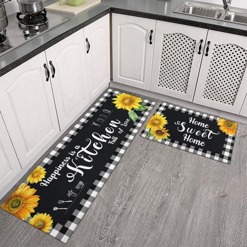 2PC Country Sunshine Sunflower Oil Painting Kitchen Mat Non Slip Oil Proof Runner Rug Cozy Living Room Bedroom Decor
