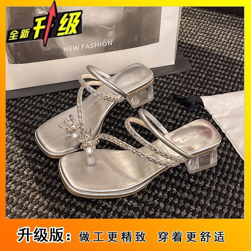 Fairy with skirt, medium heel sandals, cool slippers 2025 summer new set of toe rhinestones, not tired of thick heels for women