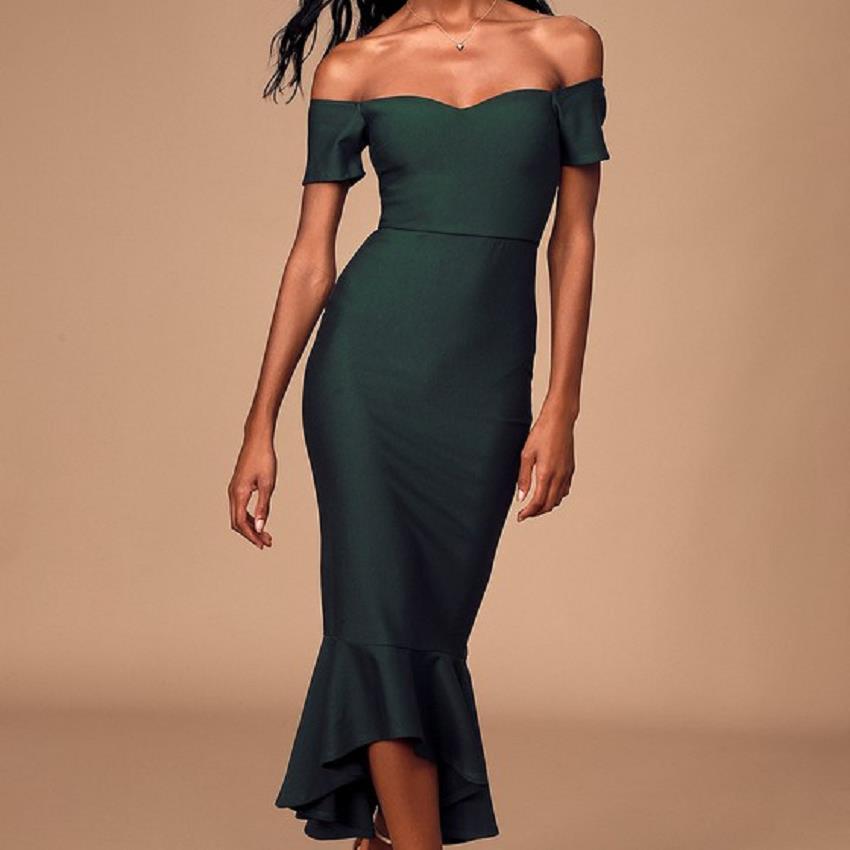 European And American Women'S Clothing New Fashion Temperament Slim Solid Color Sexy One-Word Collar Off-The-Shoulder Hip Fish Tail Dress