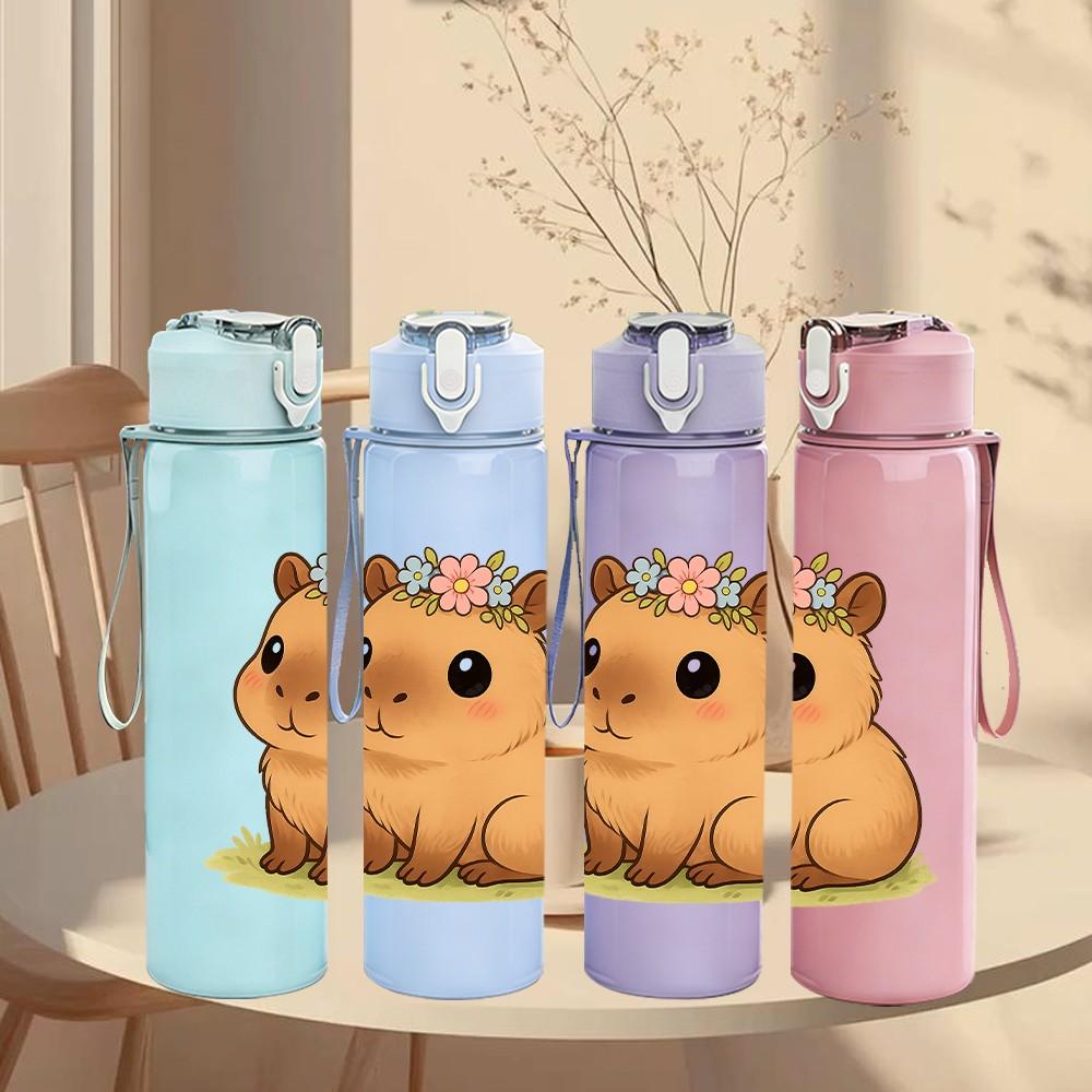 1PC Capybara Cartoon Pattern 750ml Color Plastic Sports Water Bottle Leakproof Flip Straw Lid Suitable for Sports Office Home Use