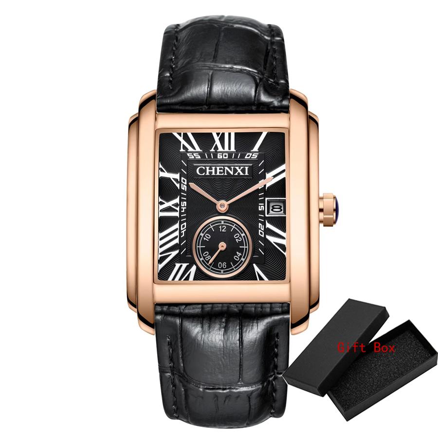 Luxury Top Brand Square Mens Wristwatches Unique Design Rose Gold Calendar Stop Watch Genuine Leather Quartz Business Male Clock