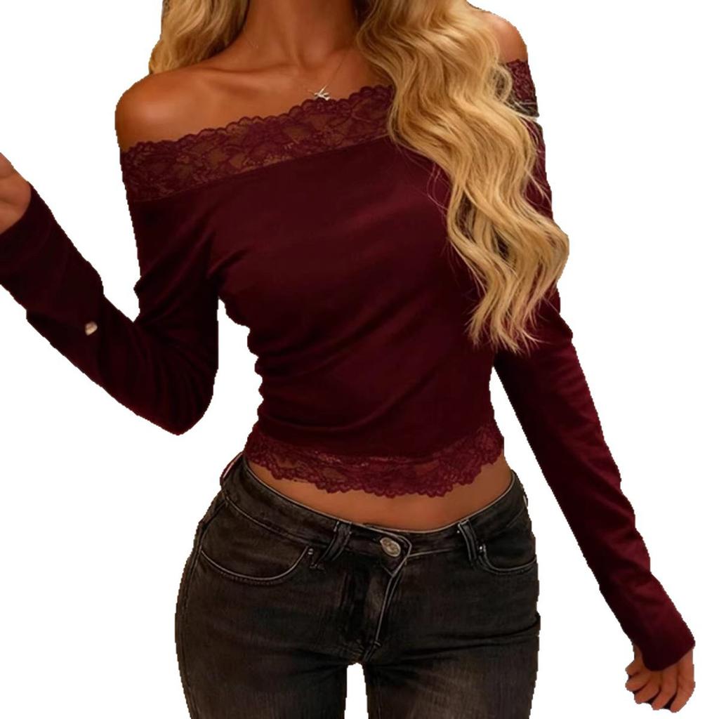 Lace-edged solid-color off-the-shoulder tight-fitting sexy Spice Girl top