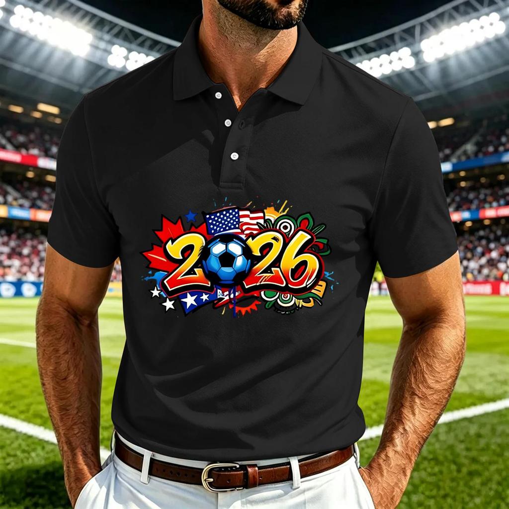 Men's Casual Soccer Graphic Polo Shirt Quick-Dry Breathable Mesh Lightweight Short Sleeve Top with Collared Neck for Outdoor Sports