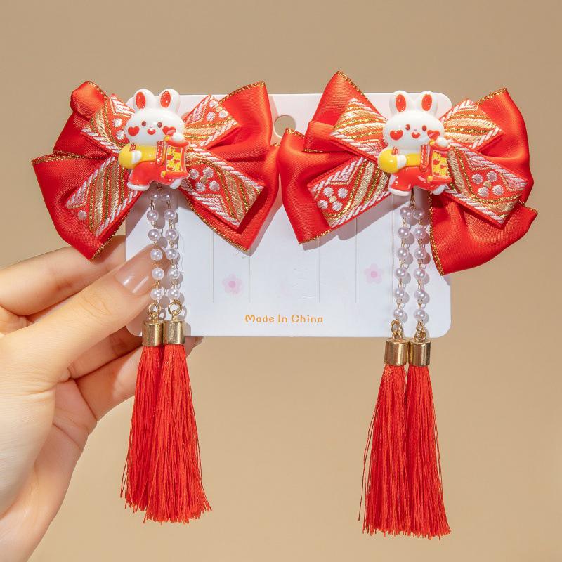 Chinese New Year Red Bow Tassel Hair Clips for Girls & Women - Cute Ancient Style Hair Accessories