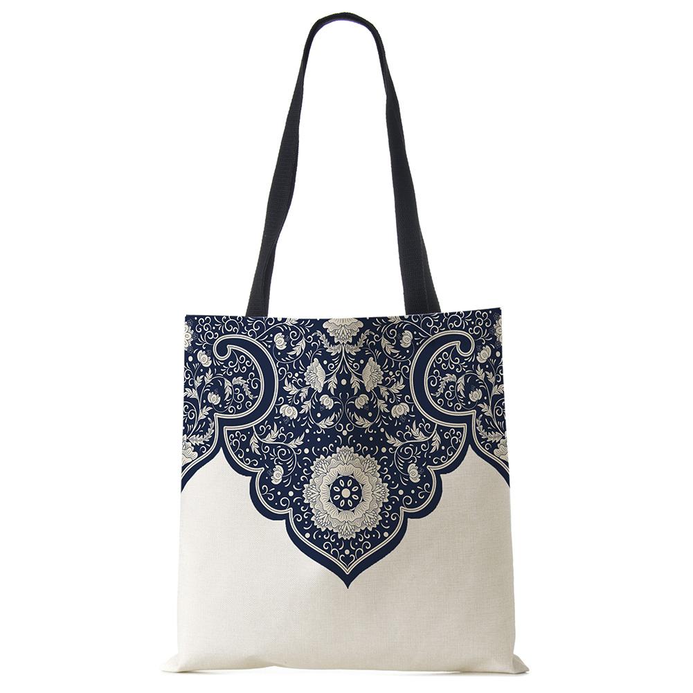 Elegant Lady Girls Handbag Floral Porcelain Geometry Abstract Pattern Shoulder Bag Casual Teenager Book Tote for Shopping Casually