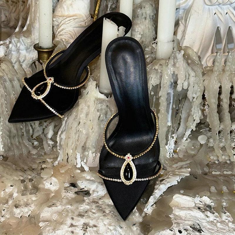 Fashion Summer 2025 High Heels, Gemstone Chain Open-Toe Sandals, Gold Powder Family Flip-Flops, Women'S Thin Heels