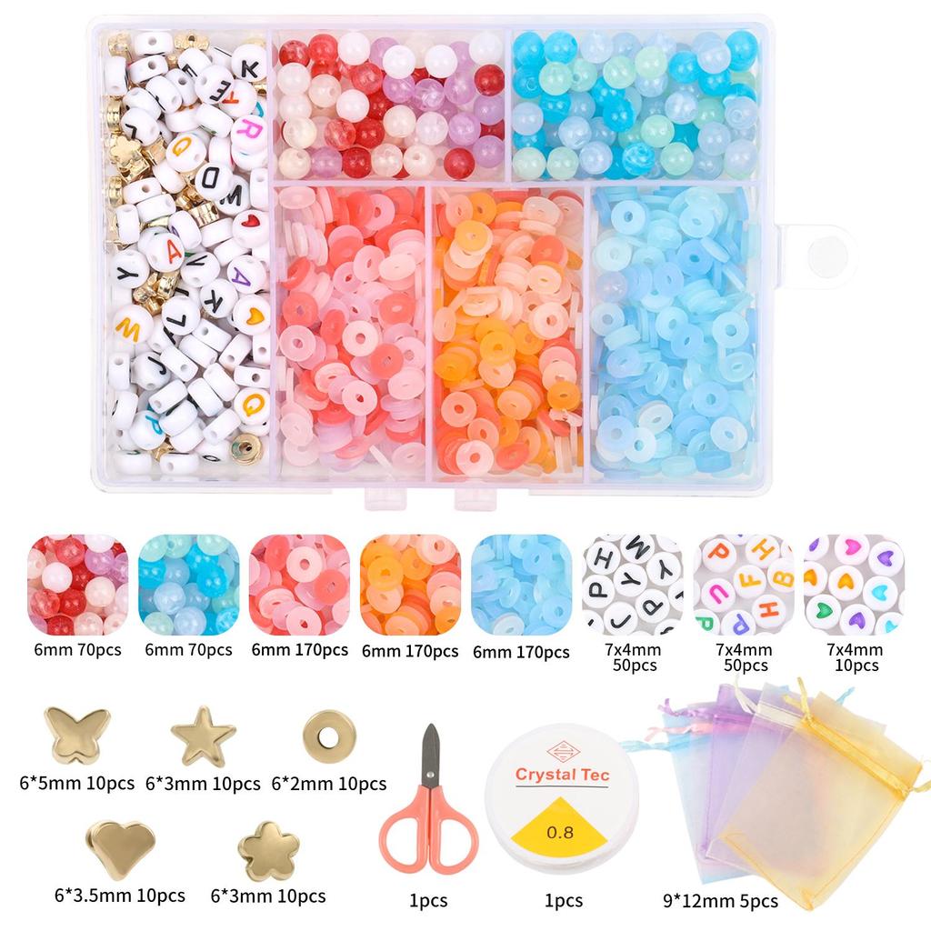 1set 6 Grid 6mm Acrylic Bead Letter Kit Flat Circular Transparent Polymer Clay Bead for Jewelry Making Kit with DIY Bracelet Necklace Elastic Rope Box
