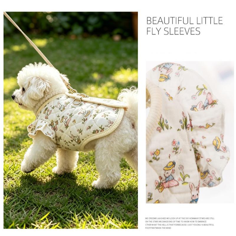 Quilted Cotton Pet Vest with Ruffle Sleeves and Leash D-Rings for Small Dogs and Cats, Autumn Winter Clothing
