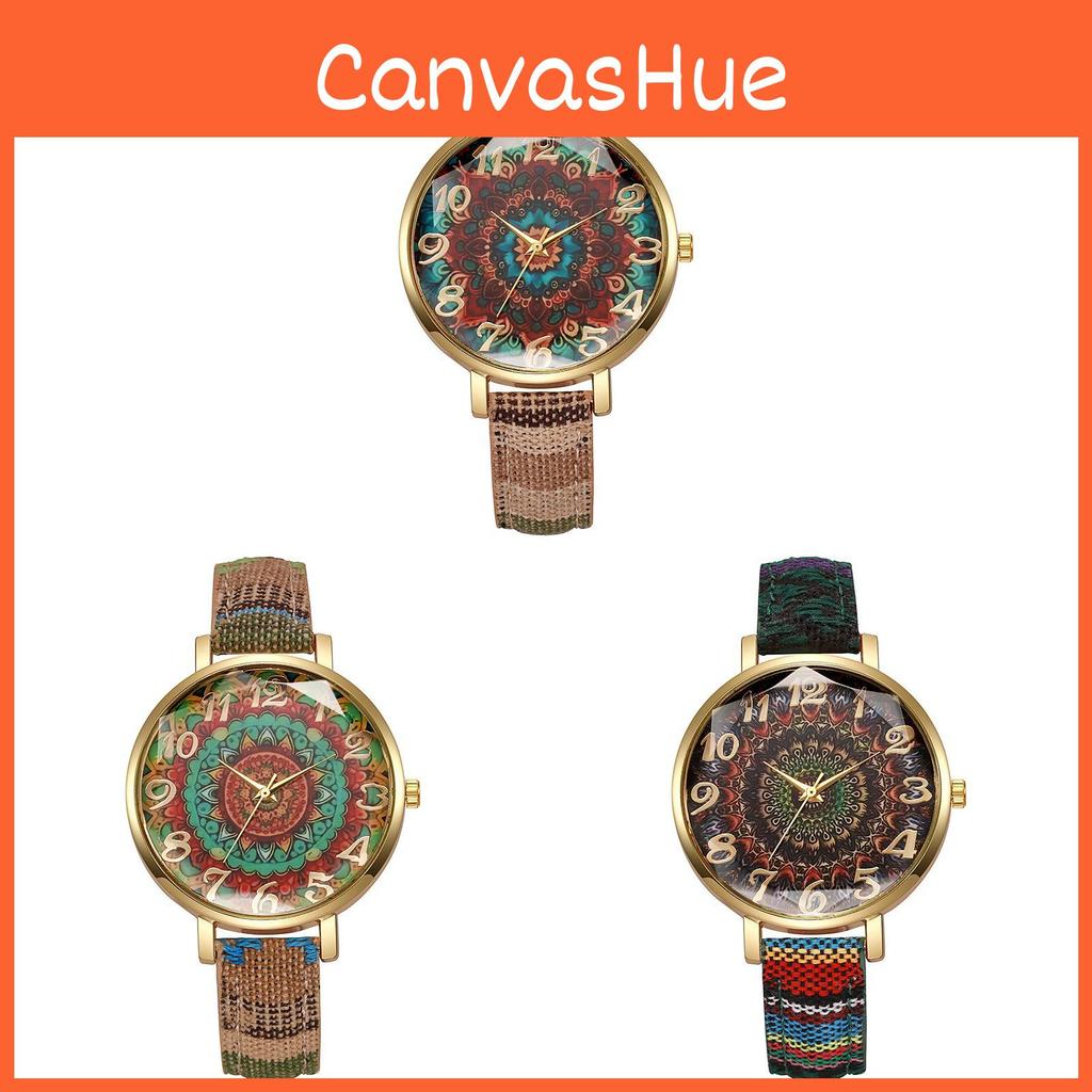 Vintage Ethnic Style Womens Quartz Watch With Colorful Canvas Strap For Casual Fashion And Gift