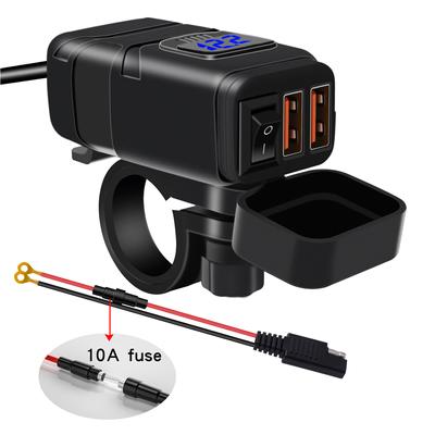 Motorcycle USB Phone Charger,Waterproof Dual Port QC3.0 USB Fast Charger with 12V Voltmeter and ON/Off Power Switch & 10A Fuse, SAE To USB Adapte